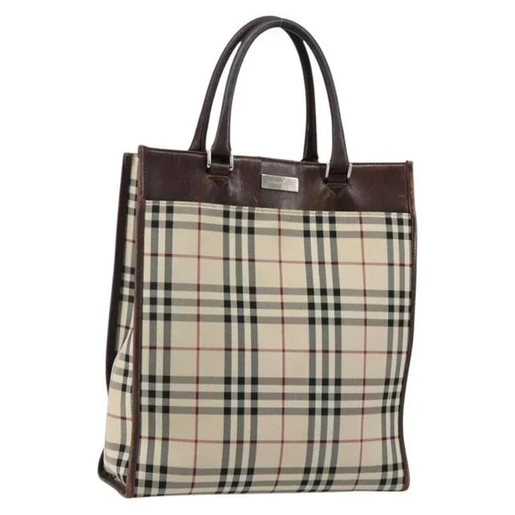 BURBERRY Nova Check Hand Bag Canvas Beige Silver Auth